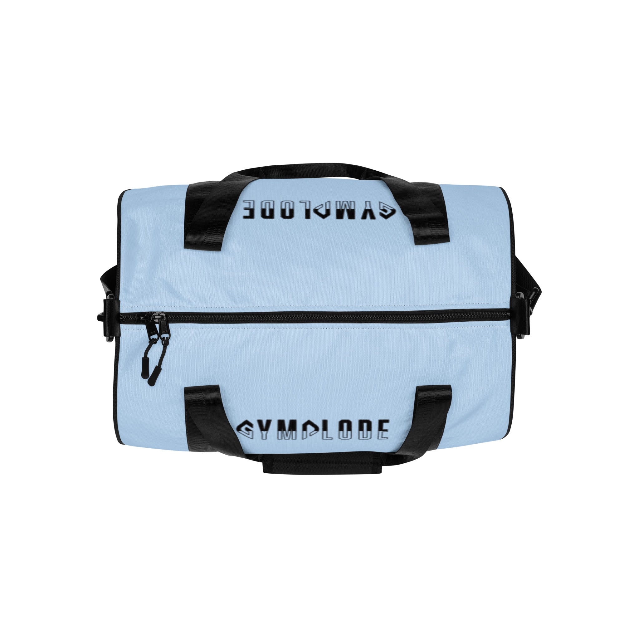 Pattens blue rounded end Gymplode duffle bag with signature logo on both sides, top view