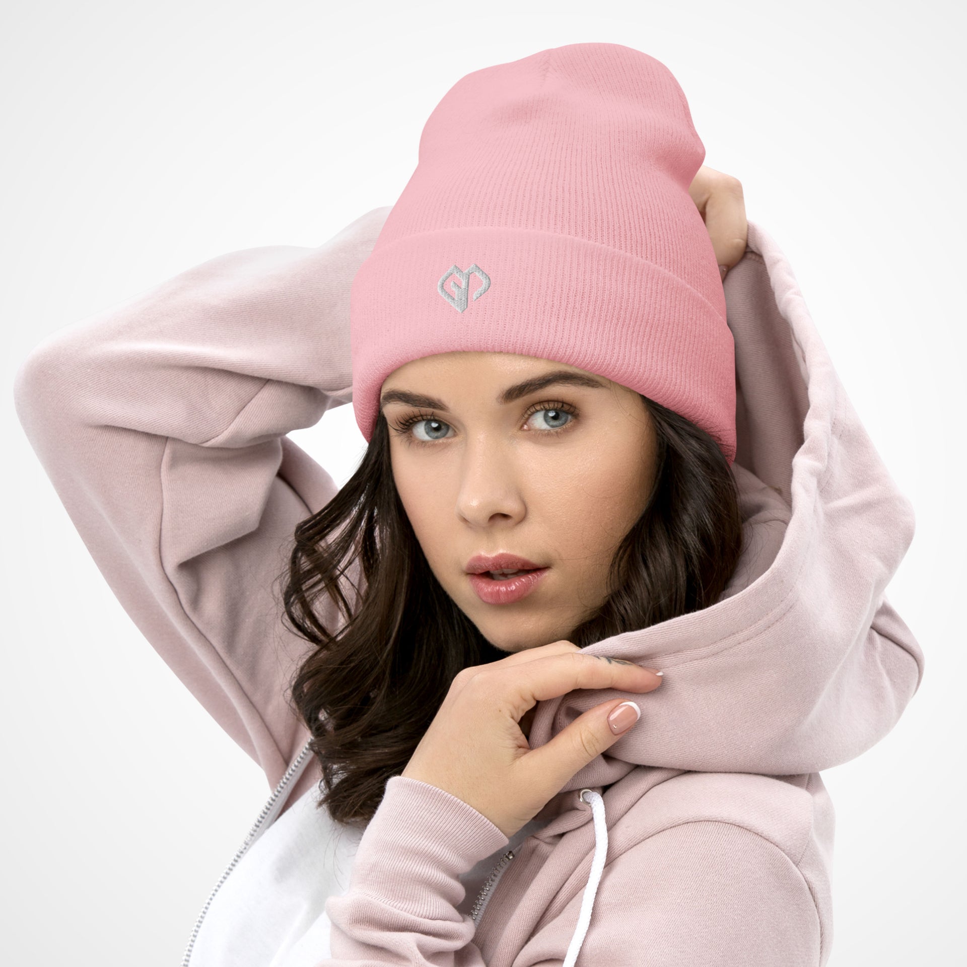 Pink coming soon Gymplode beanie hat with white female model