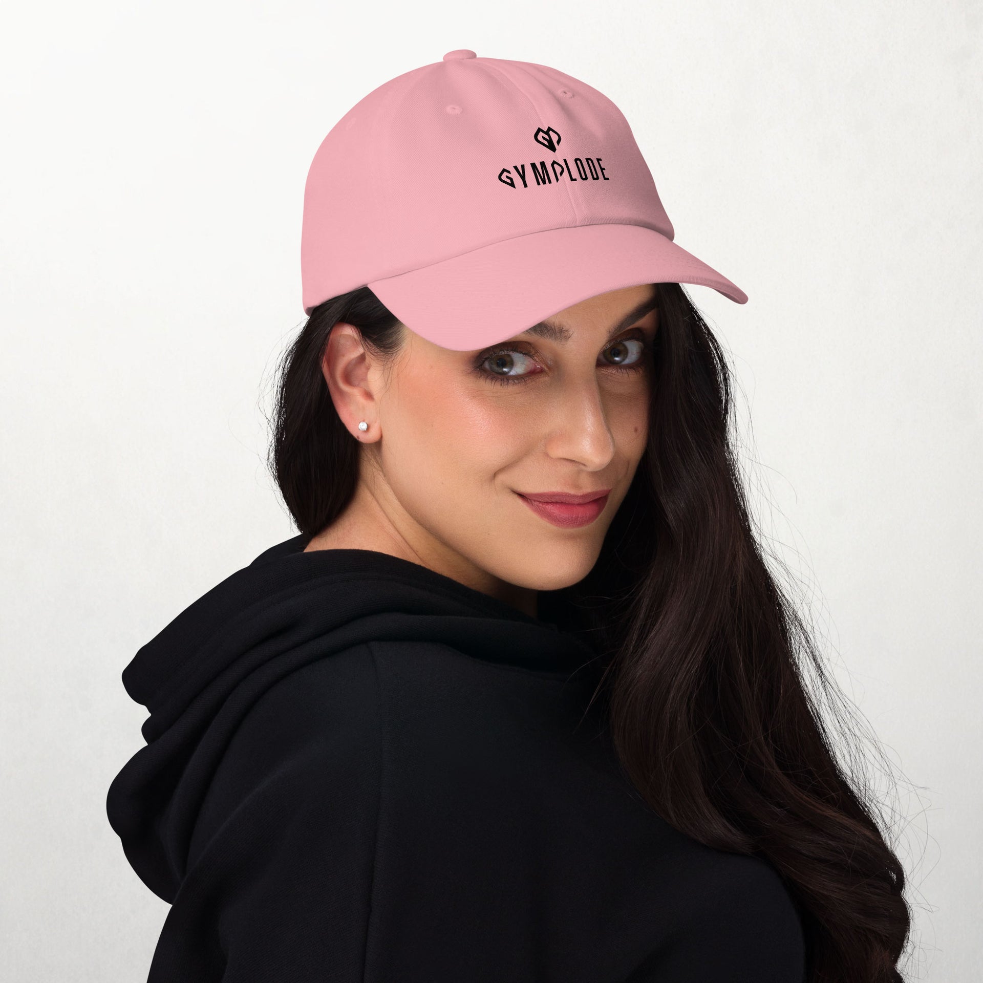 Pink coming soon Gymplode cap with white female model