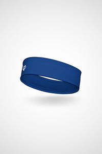 Regal blue Gymplode headband with icon imprint, angled view