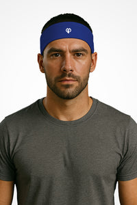 Regal blue Gymplode headband with icon logo, worn by male model