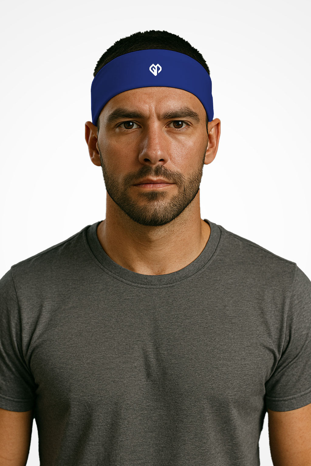Regal blue Gymplode headband with icon logo, worn by male model