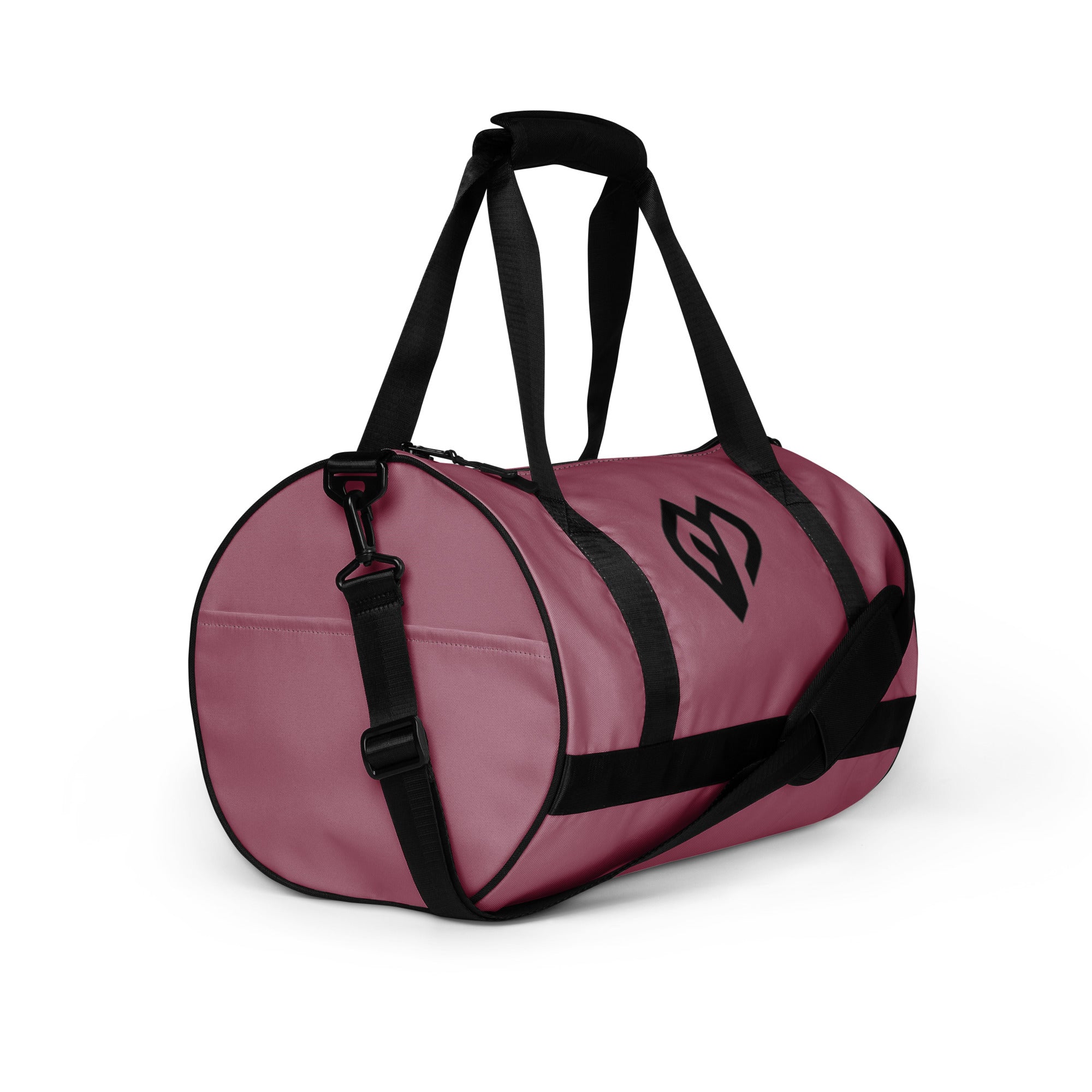 Rosewood rounded end Gymplode duffle bag with icon logo, right front view