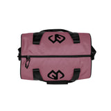Rosewood rounded end Gymplode duffle bag with icon logo on both sides, top view
