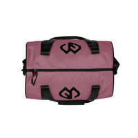 Rosewood rounded end Gymplode duffle bag with icon logo on both sides, top view
