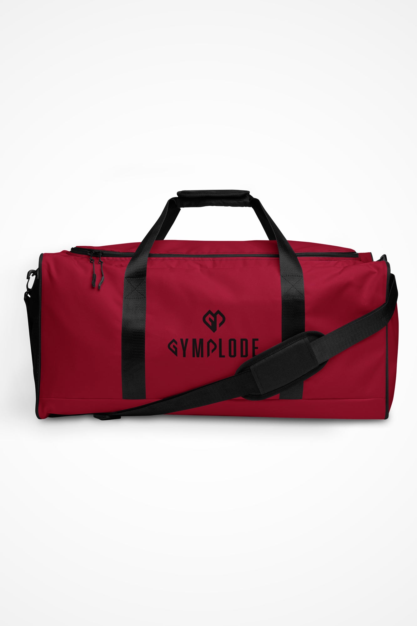 Ruby red square end Gymplode duffle bag with dual mark, front view