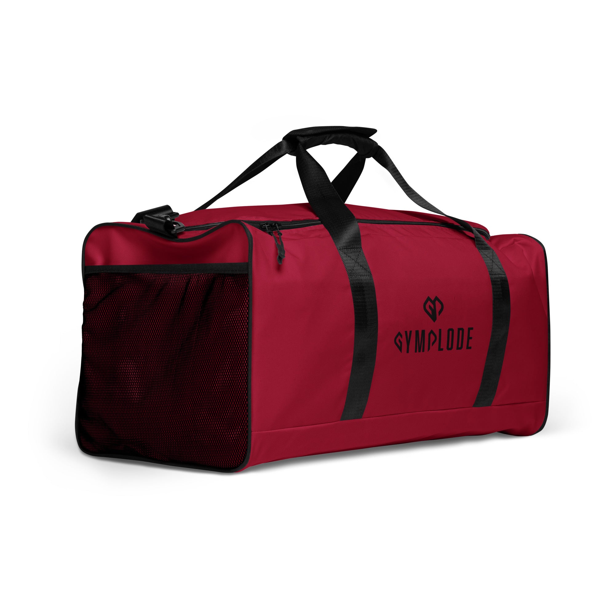 Ruby red square end Gymplode duffle bag with dual mark, right front view