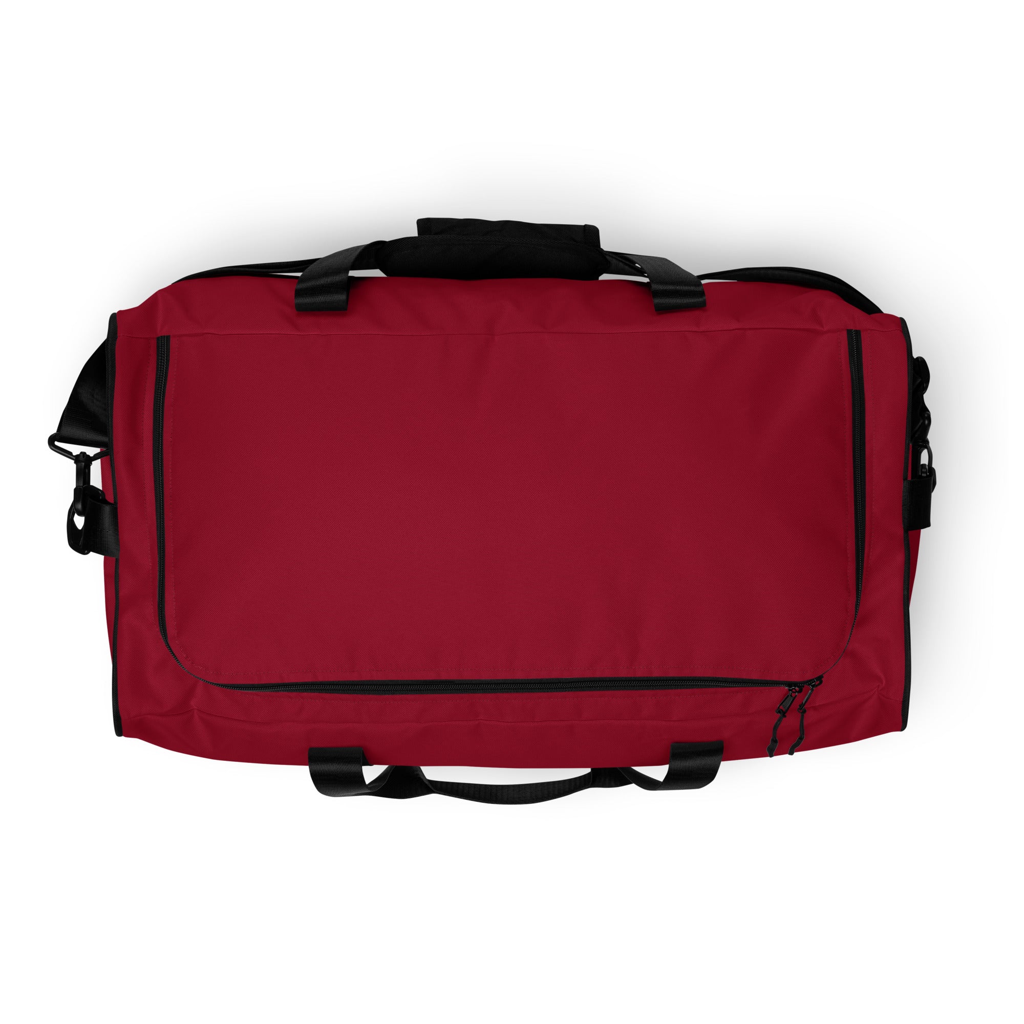 Ruby red square end Gymplode duffle bag with no print, top view