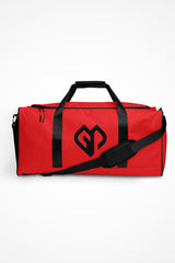 Signal red square end Gymplode duffle bag with icon logo, front view