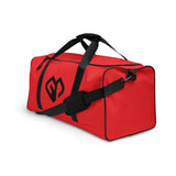 Signal red square end Gymplode duffle bag with icon logo, left front view
