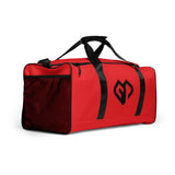 Signal red square end Gymplode duffle bag with icon logo, right front view