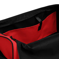 Signal red square end Gymplode duffle bag with no print, inside pocket view