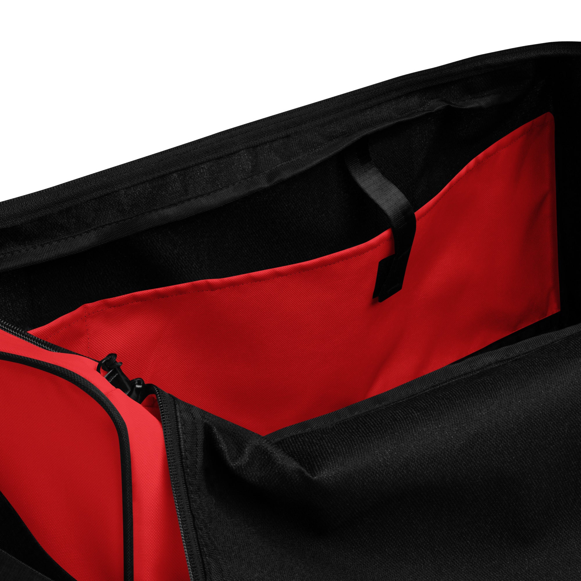 Signal red square end Gymplode duffle bag with no print, inside pocket view