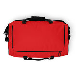 Signal red square end Gymplode duffle bag with no print, top view