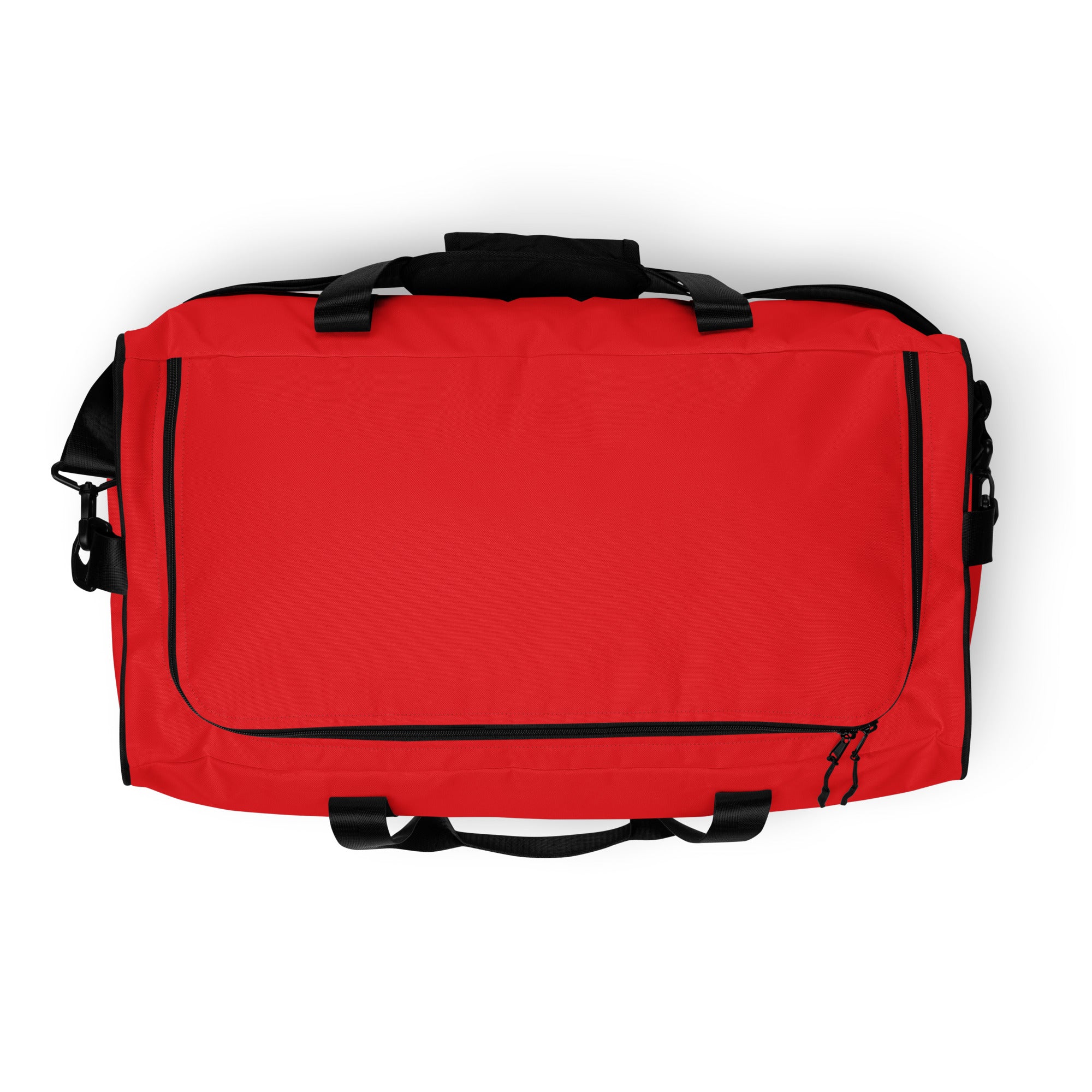Signal red square end Gymplode duffle bag with no print, top view