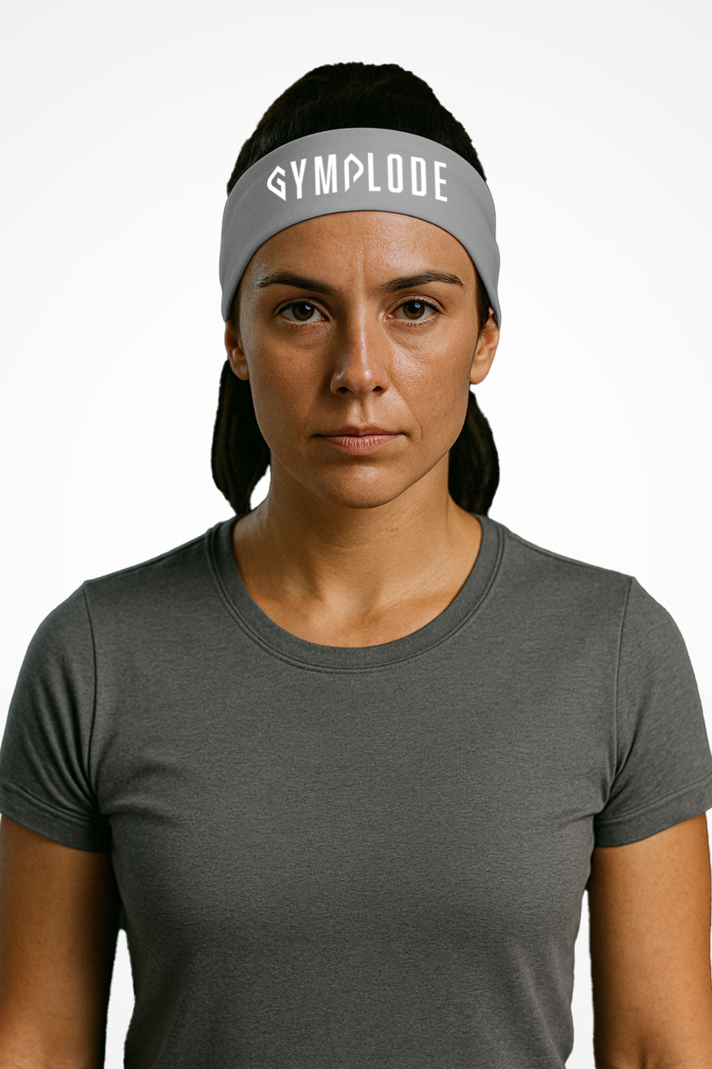 Silver Gymplode headband with signature logo, worn by female model