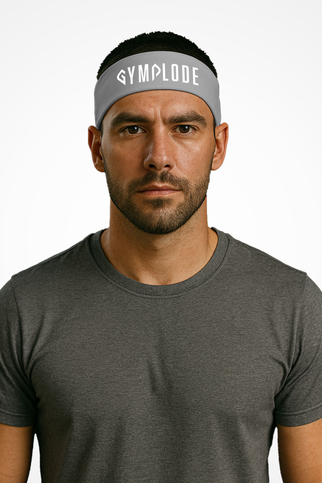 Silver Gymplode headband with signature logo, worn by male model