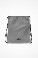 Smoke grey lightweight drawstring bag with Gymplode dual mark imprint, front view