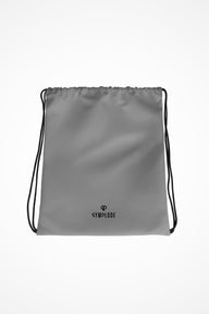 Smoke grey lightweight drawstring bag with Gymplode dual mark imprint, front view