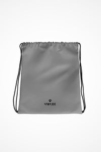 Smoke grey lightweight drawstring bag with Gymplode dual mark imprint, front view