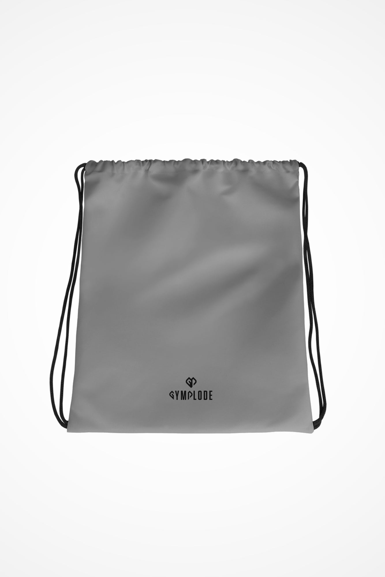 Smoke grey lightweight drawstring bag with Gymplode dual mark imprint, front view