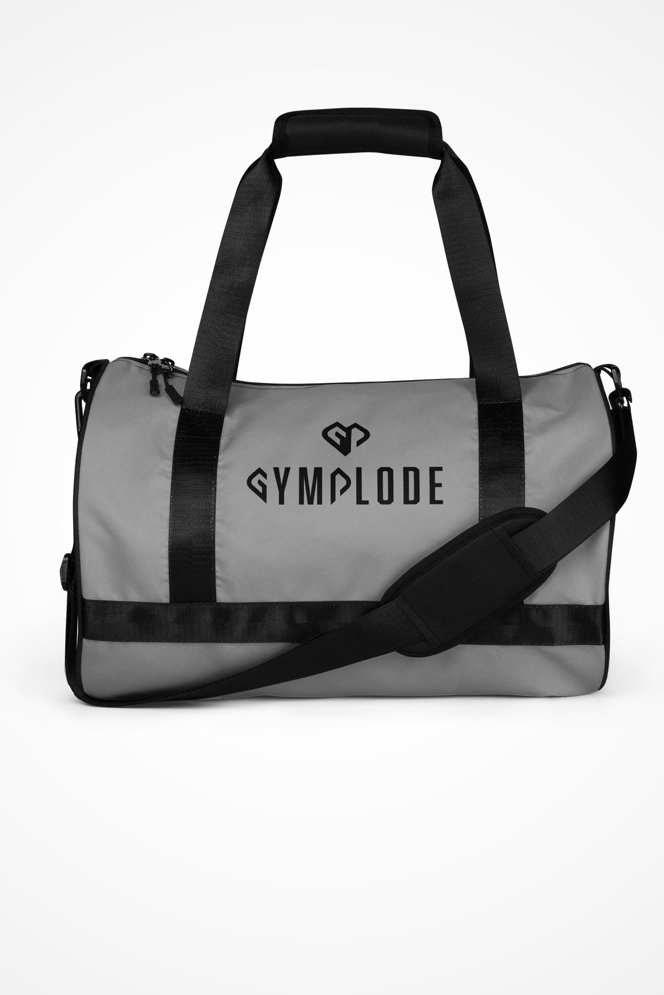 Smoke grey rounded end Gymplode duffle bag with dual mark, front view