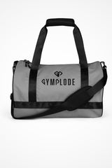 Smoke grey rounded end Gymplode duffle bag with dual mark, front view