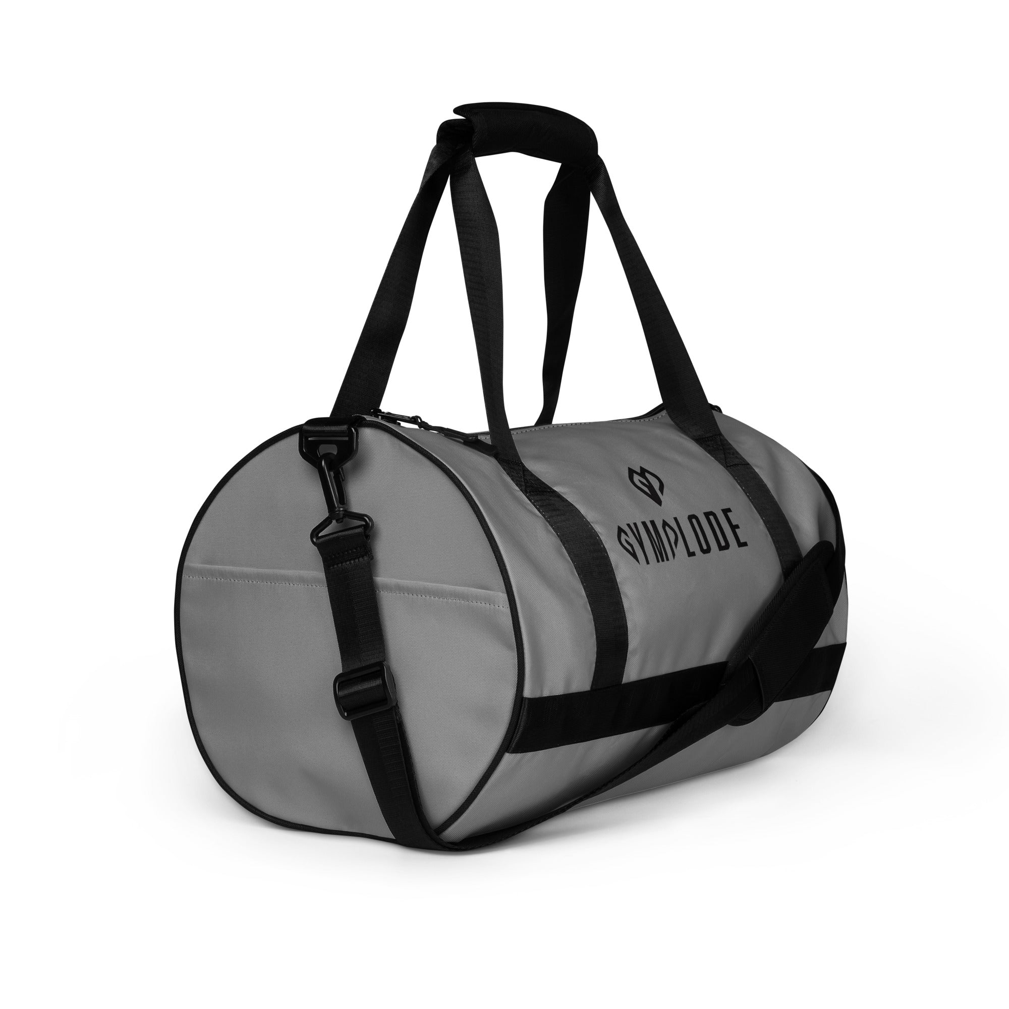 Smoke grey rounded end Gymplode duffle bag with dual mark, right front view