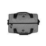 Smoke grey rounded end Gymplode duffle bag with dual mark on both sides, top view