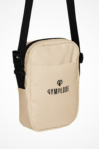 Soft beige Gymplode slingback utility bag with dual mark imprint, front view