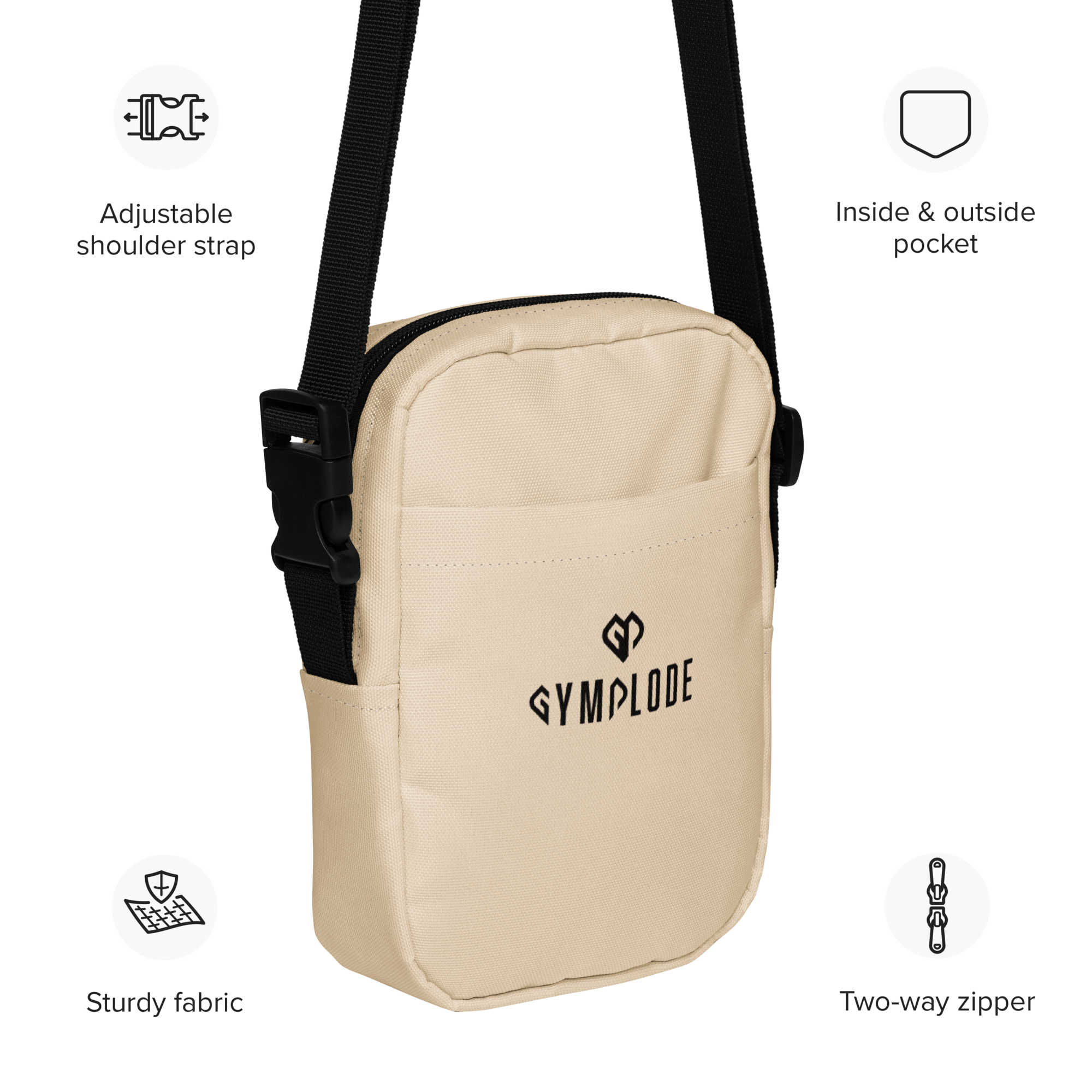 Soft beige Gymplode slingback utility bag key features