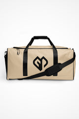 Soft beige square end Gymplode duffle bag with icon logo, front view