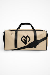 Soft beige square end Gymplode duffle bag with icon logo, front view