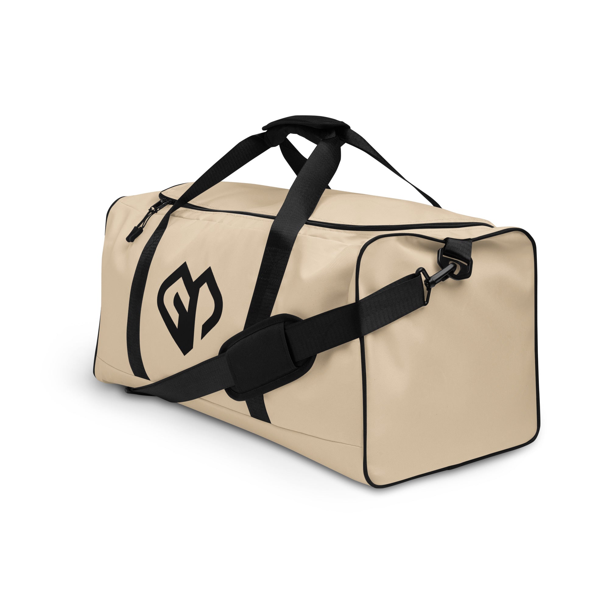 Soft beige square end Gymplode duffle bag with icon logo, left front view