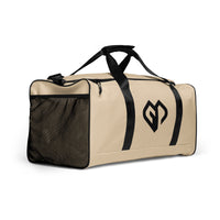 Soft beige square end Gymplode duffle bag with icon logo, right front view