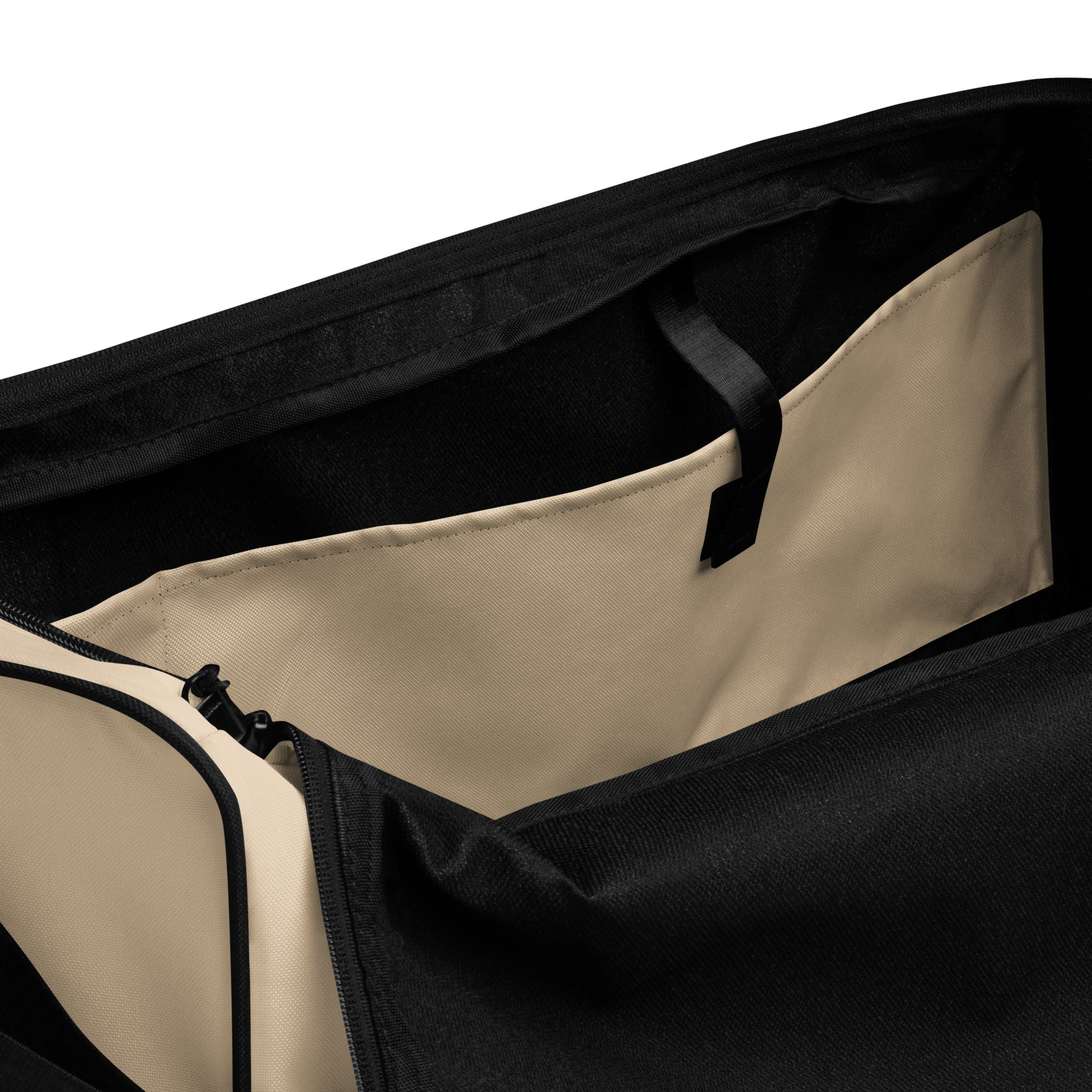 Soft beige square end Gymplode duffle bag with no print, inside pocket view