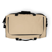 Soft beige square end Gymplode duffle bag with no print, top view