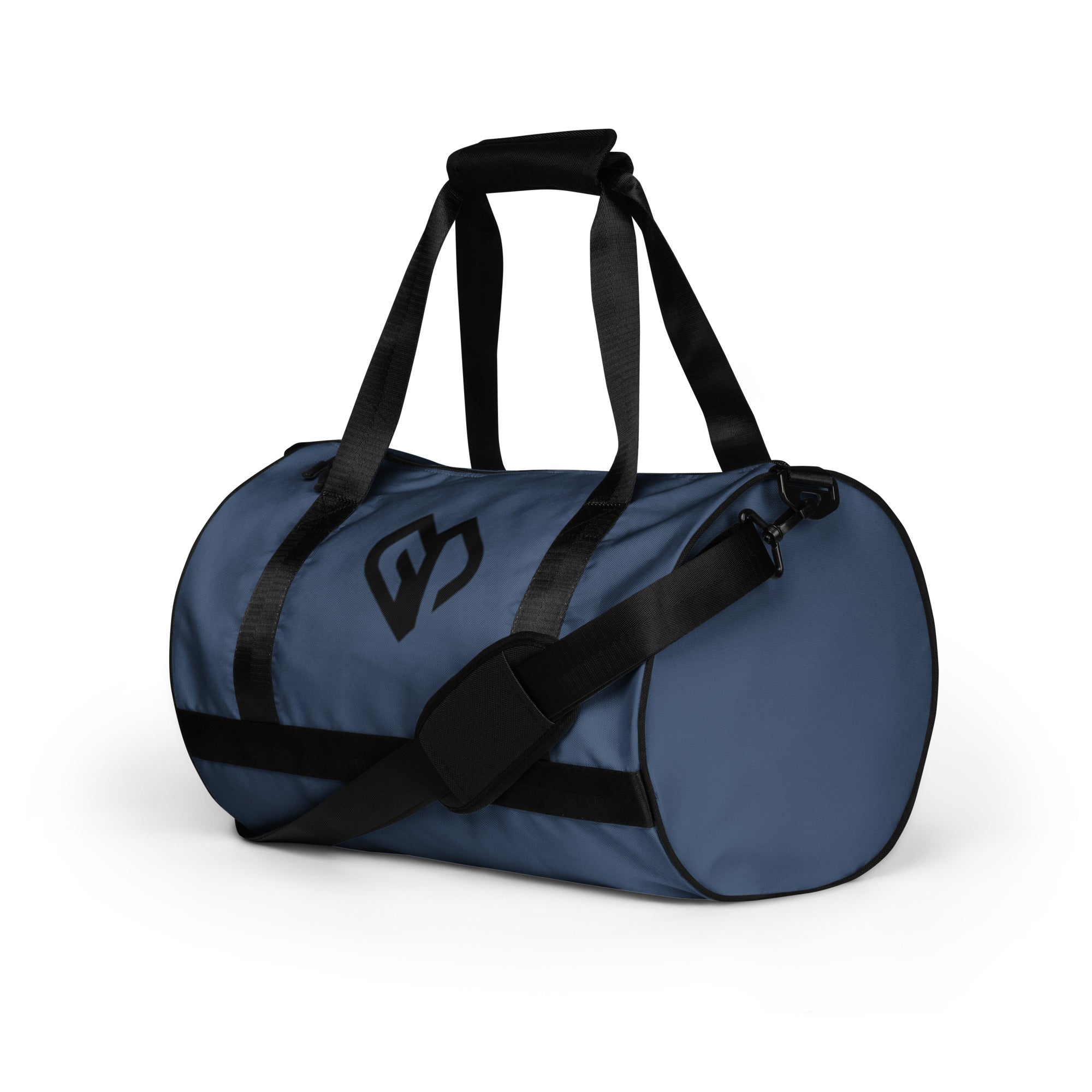 Storm blue rounded end Gymplode duffle bag with icon logo, left front view