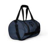 Storm blue rounded end Gymplode duffle bag with icon logo, right front view
