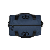 Storm blue rounded end Gymplode duffle bag with icon logo on both sides, top view