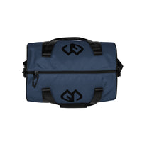 Storm blue rounded end Gymplode duffle bag with icon logo on both sides, top view