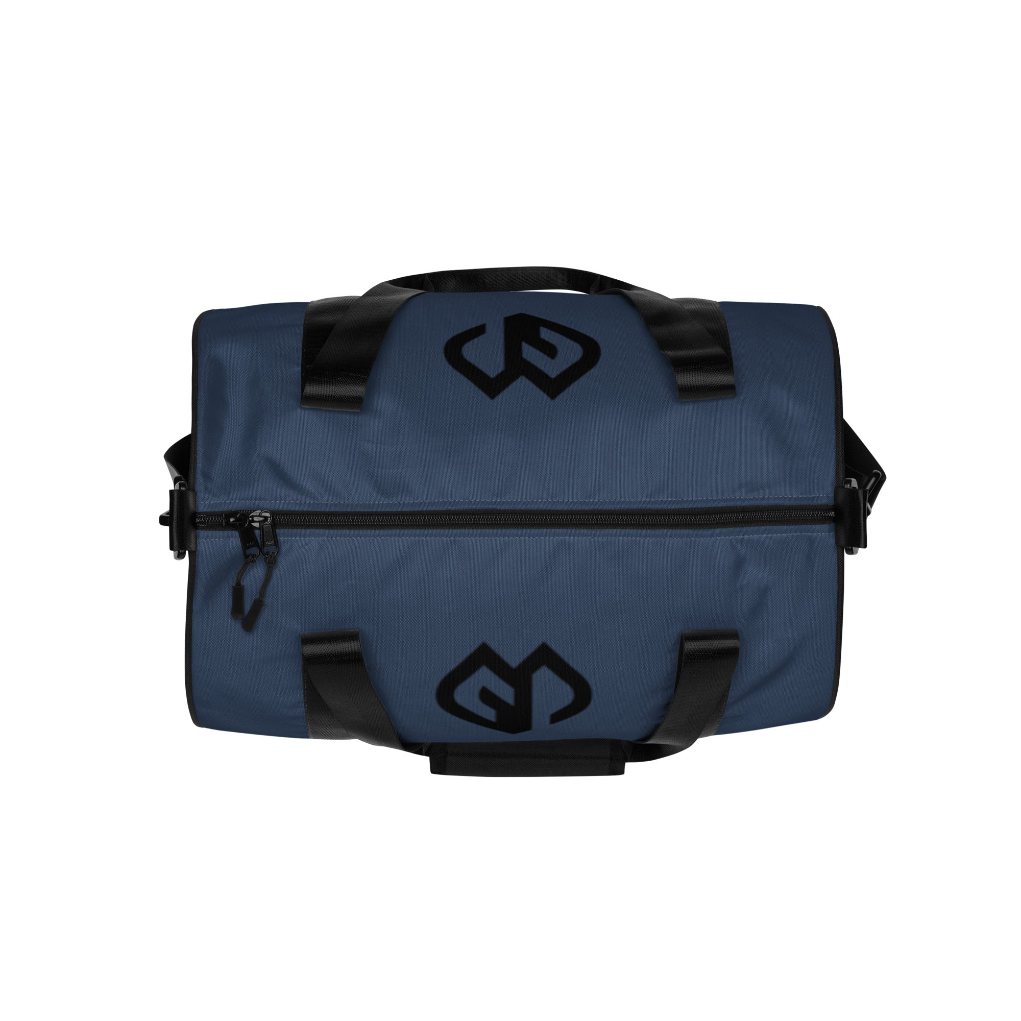 Storm blue rounded end Gymplode duffle bag with icon logo on both sides, top view