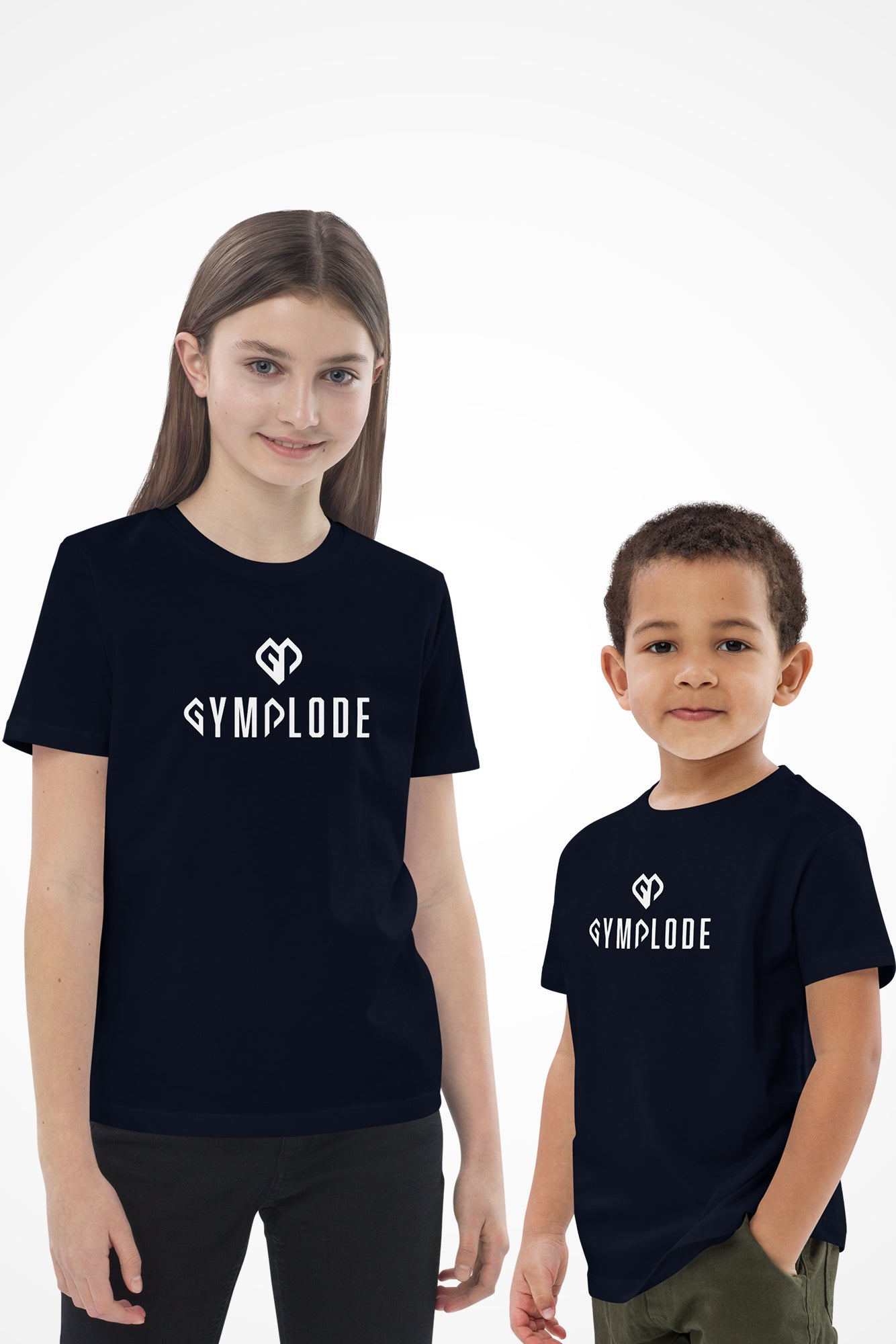 Stylish unisex kids Gymplode t-shirt with dual mark imprint, front view with model