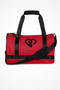Sunset red rounded end Gymplode duffle bag with icon logo, front view