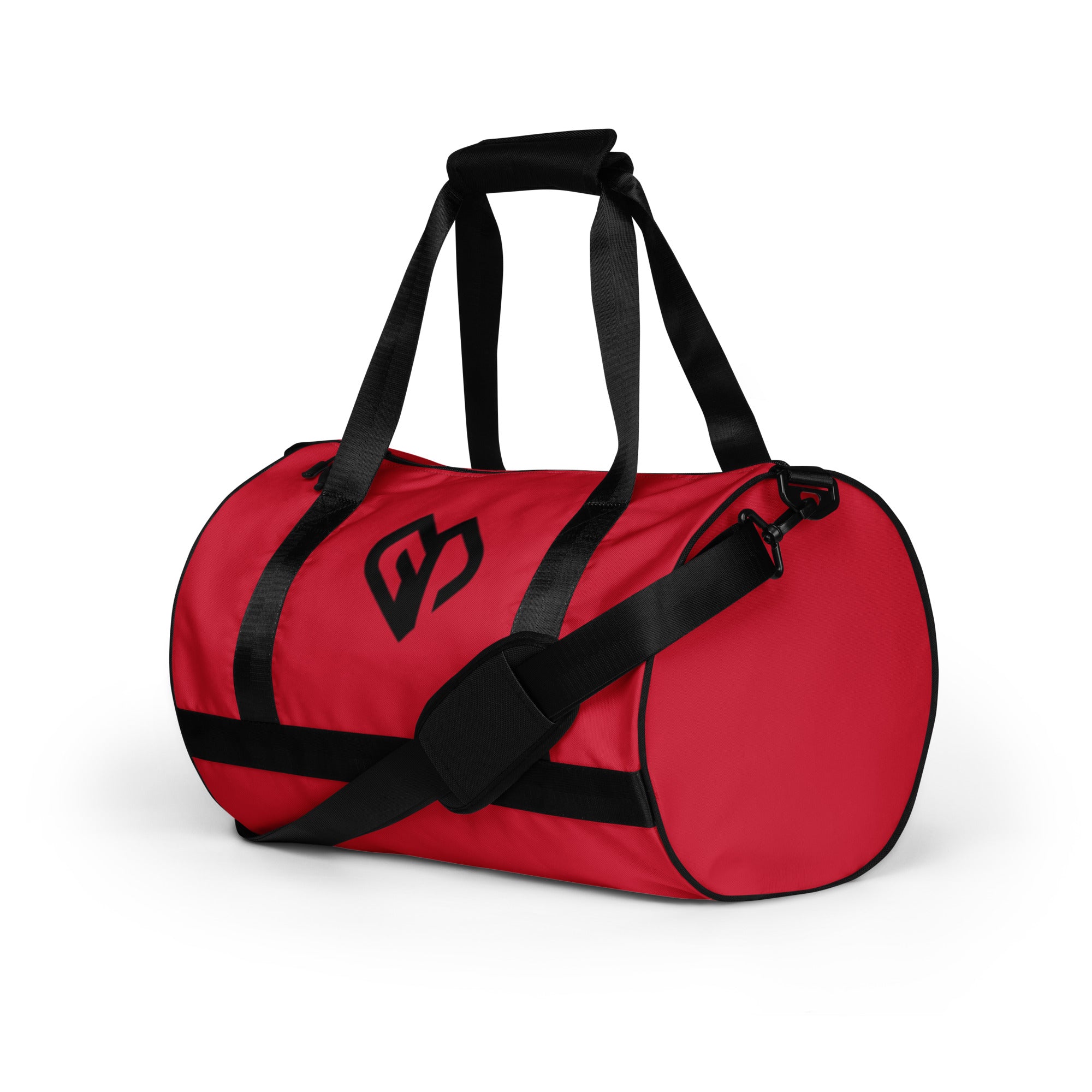 Sunset red rounded end Gymplode duffle bag with icon logo, left front view