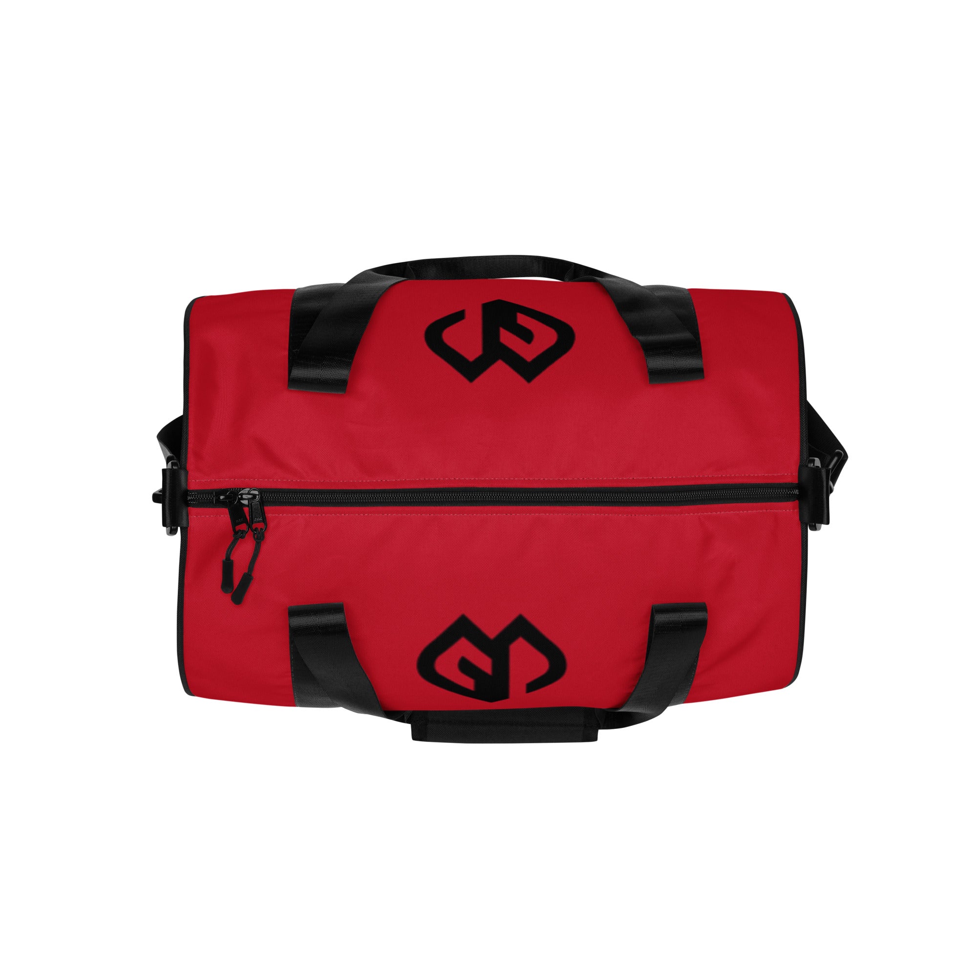 Sunset red rounded end Gymplode duffle bag with icon logo on both sides, top view