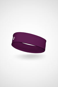 Tyrian purple Gymplode headband with icon logo, angled view