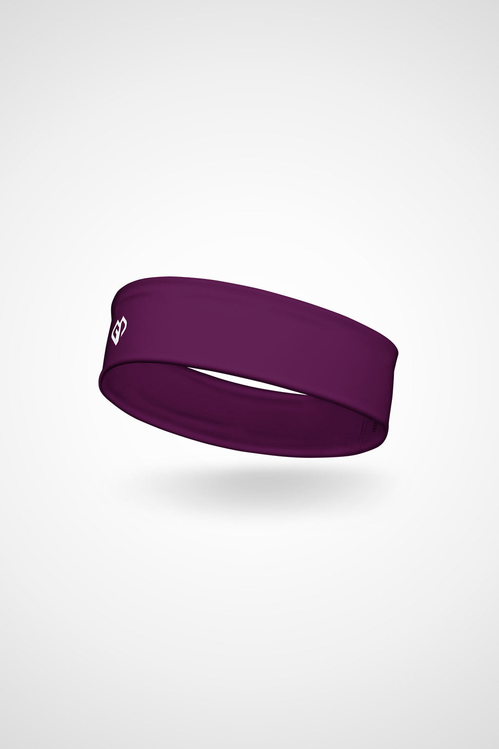 Tyrian purple Gymplode headband with icon logo, angled view