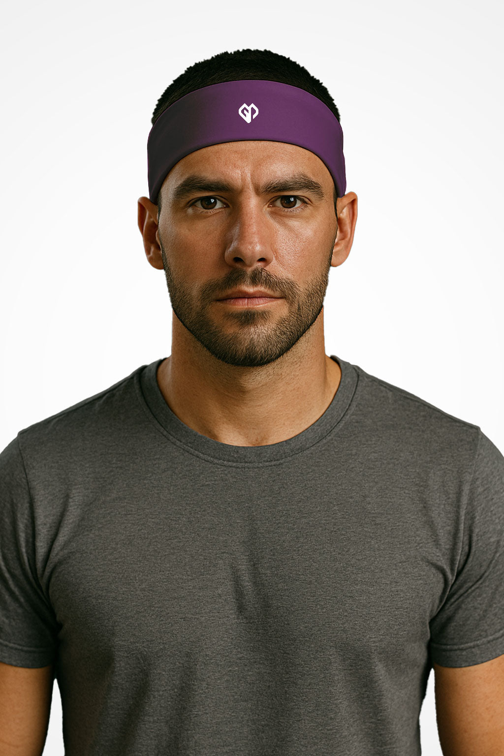 Tyrian purple Gymplode headband with icon logo, worn by male model