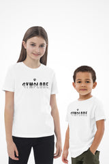 Unisex kids cute t-shirt with Gymplode dual mark imprint, front view with model